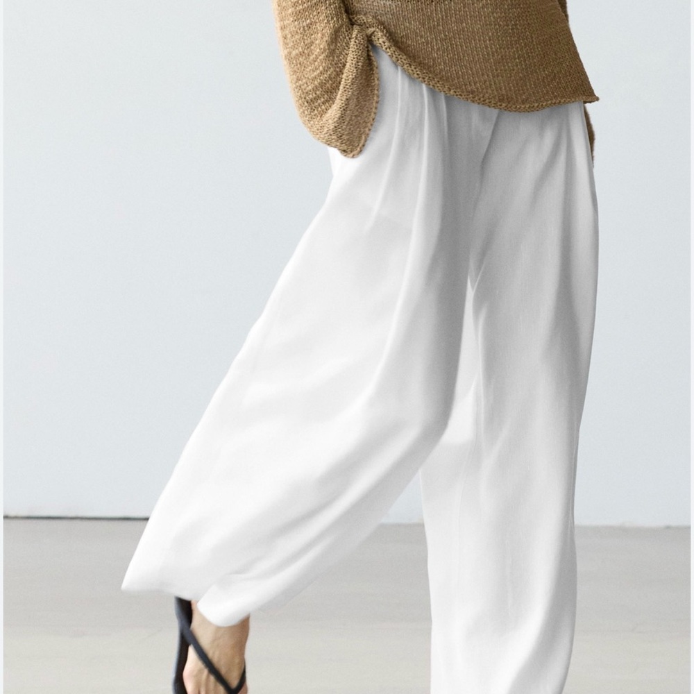 Massimo Dutti Linen Blend White Wide Leg Pants